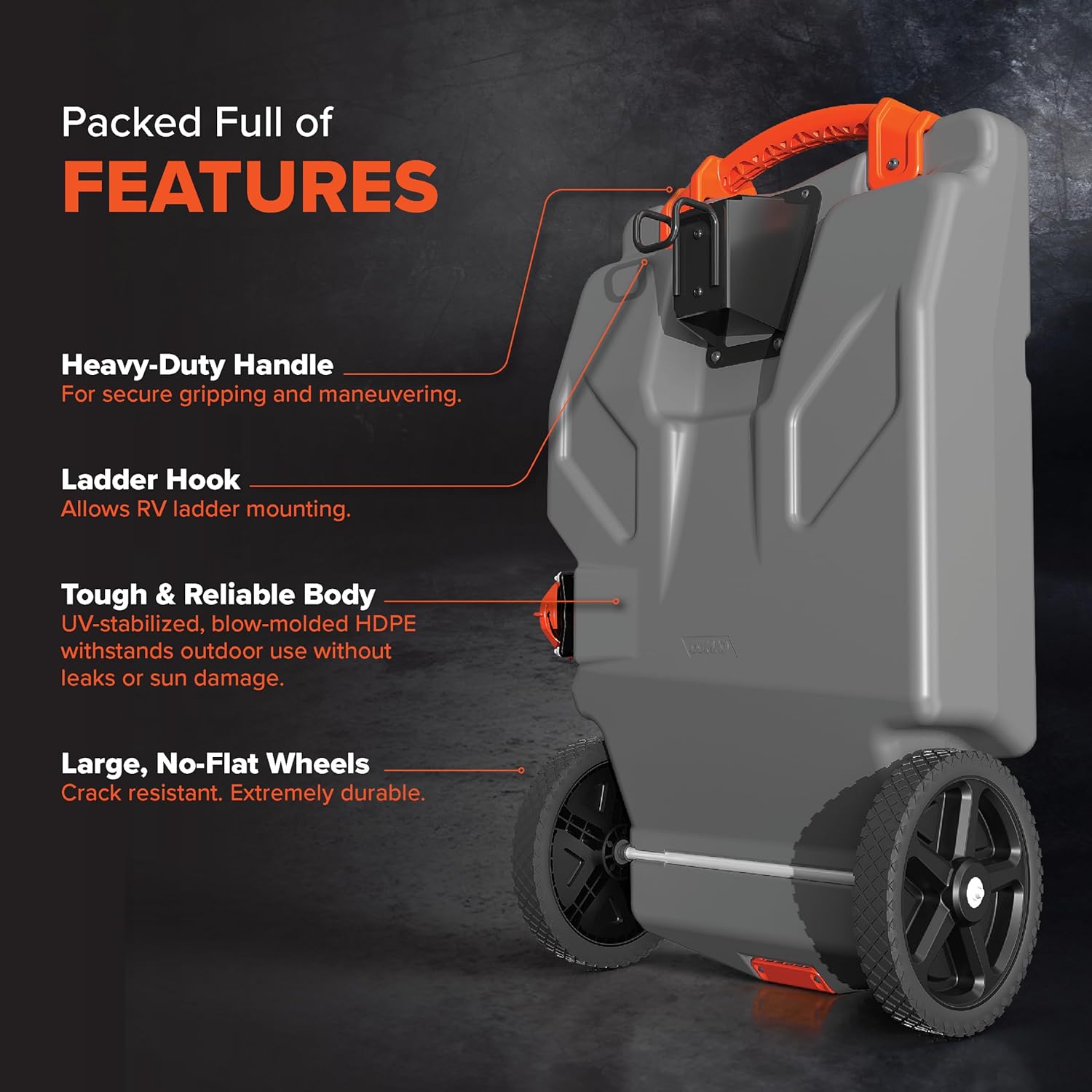 36-Gallon Portable Camper / RV Tote Tank - Features Large Heavy-Duty No-Flat Wheels & Built-In Gate Valve - Removable Steel Tow Adapter, 3 ?RV Sewer Hose & More RV Accessories (39006)