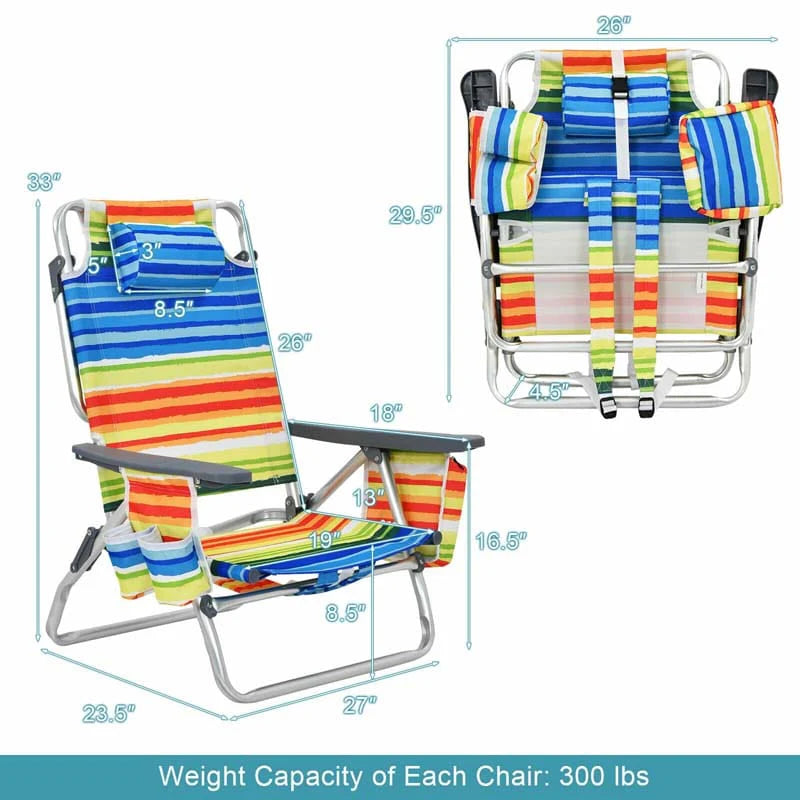 2-Pack Folding Beach Chair, Backpack Lawn Chairs, Sling Camping Chair, Patio Reclining Chairs with 5 Adjustable Position, Head Pillow