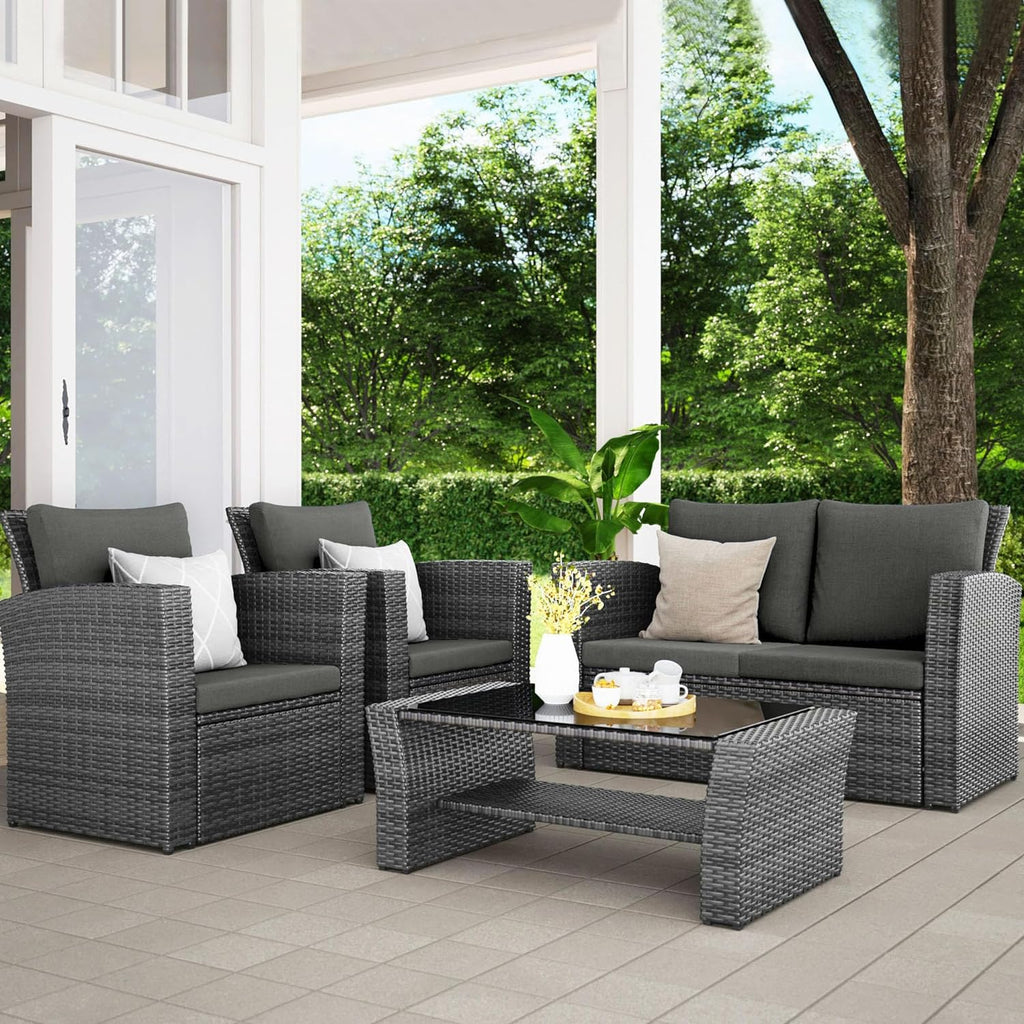 Wisteria Lane 4 Piece Outdoor Patio Furniture Sets, Wicker Conversation Set for Porch Deck, Grey Rattan Sofa Chair with Cushion ��Blue