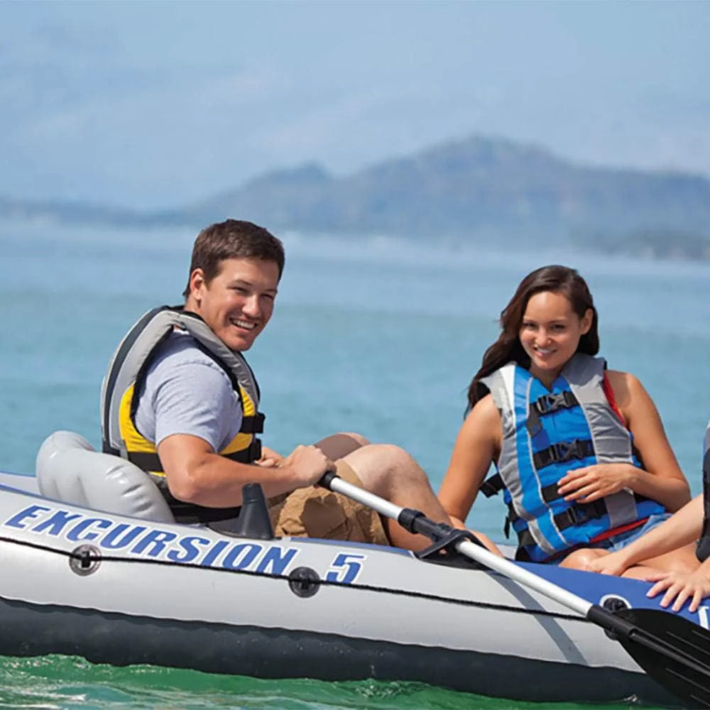 INTEX Excursion Inflatable Boat Series: Includes Deluxe 54in Boat Oars and High-Output Pump �C SuperTough PVC �C Adjustable Seats with Backrest �C Fishing Rod Holders �C Welded Oar Locks