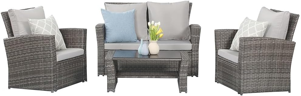 Wisteria Lane 4 Piece Outdoor Patio Furniture Sets, Wicker Conversation Set for Porch Deck, Grey Rattan Sofa Chair with Cushion ��Blue
