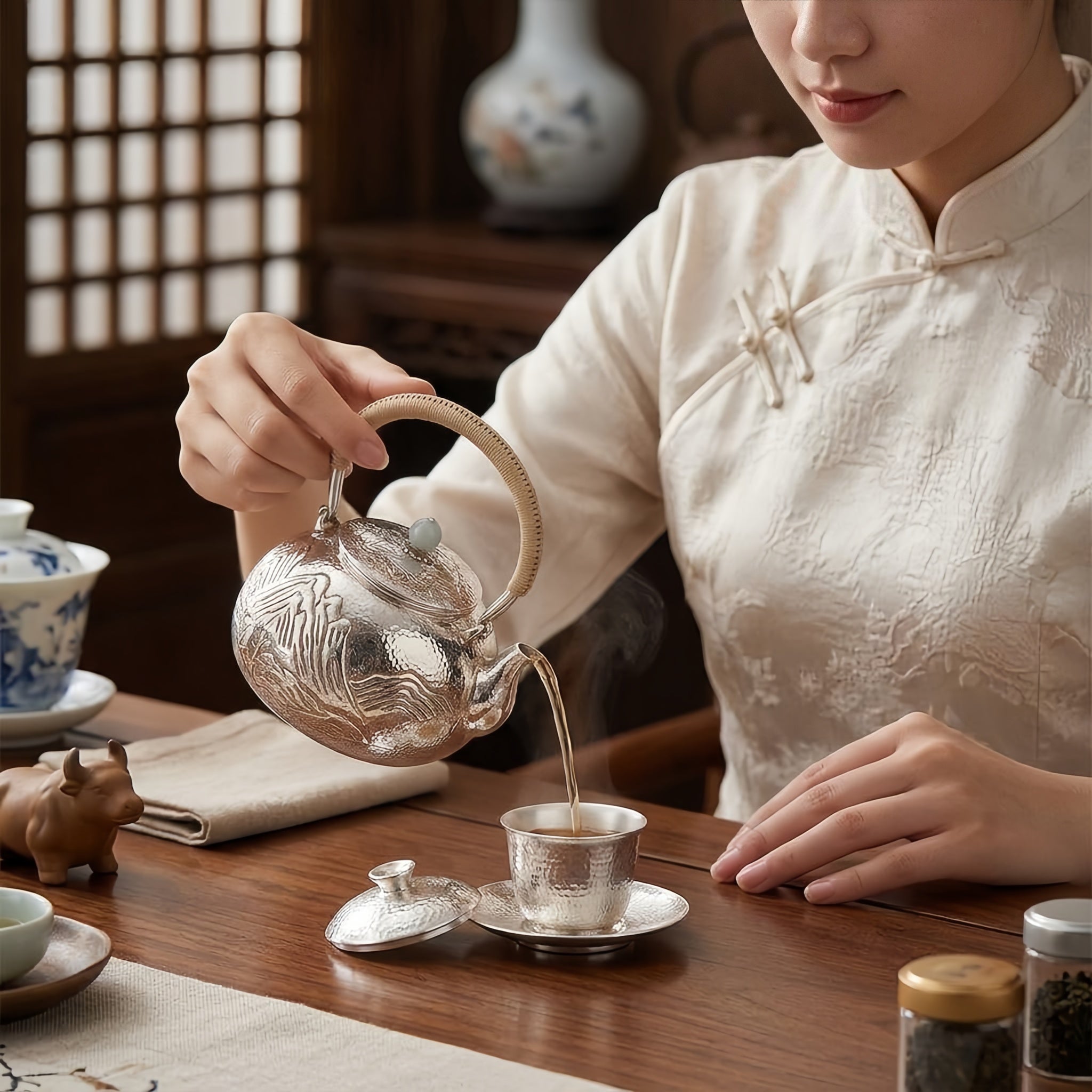 925 Sterling Silver Hand-Hammered Silver Teapot with Embossed Mountain Landscape and Woven Handle - Handicraft