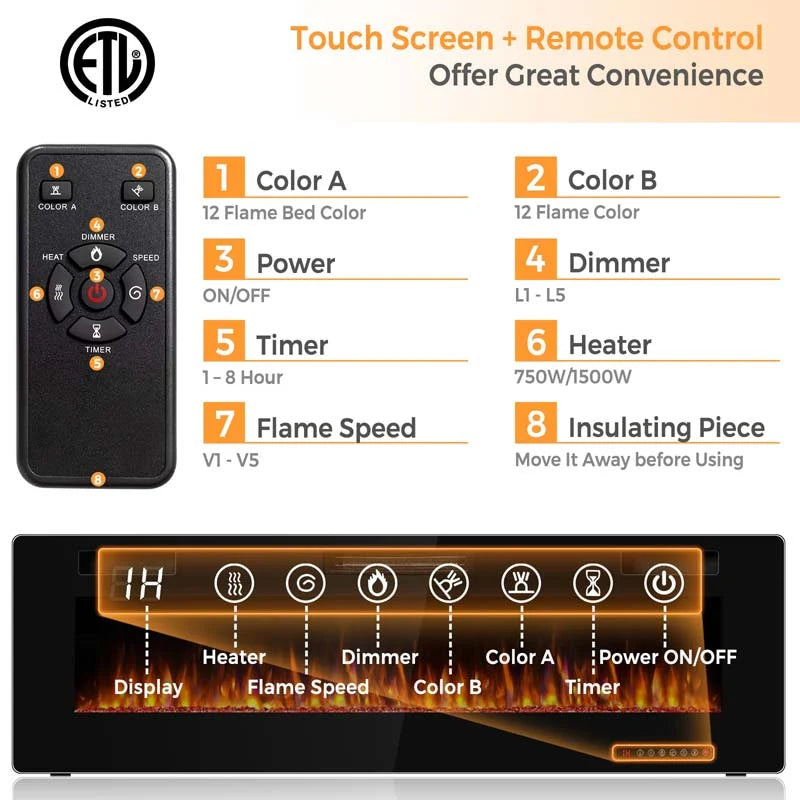 60" Ultra-Thin Electric Fireplace Insert, 1500W Recessed & Wall-mounted Fireplace Heater with 12 Flame Colors