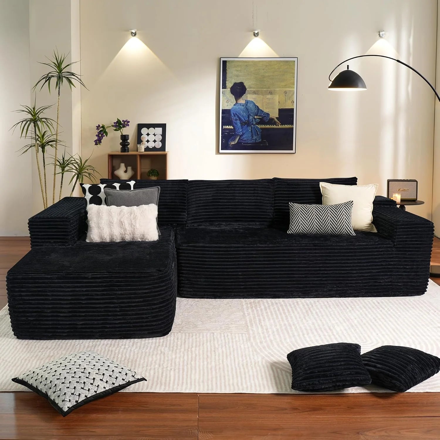 ovios 104" Cloud Sectional Couch with L-Shape Chaise,Modern Modular Sofa with Deep Seat, Upholstered Couches for Living Room Bedroom,No Assembly Required, Black (Corduroy Fabric)