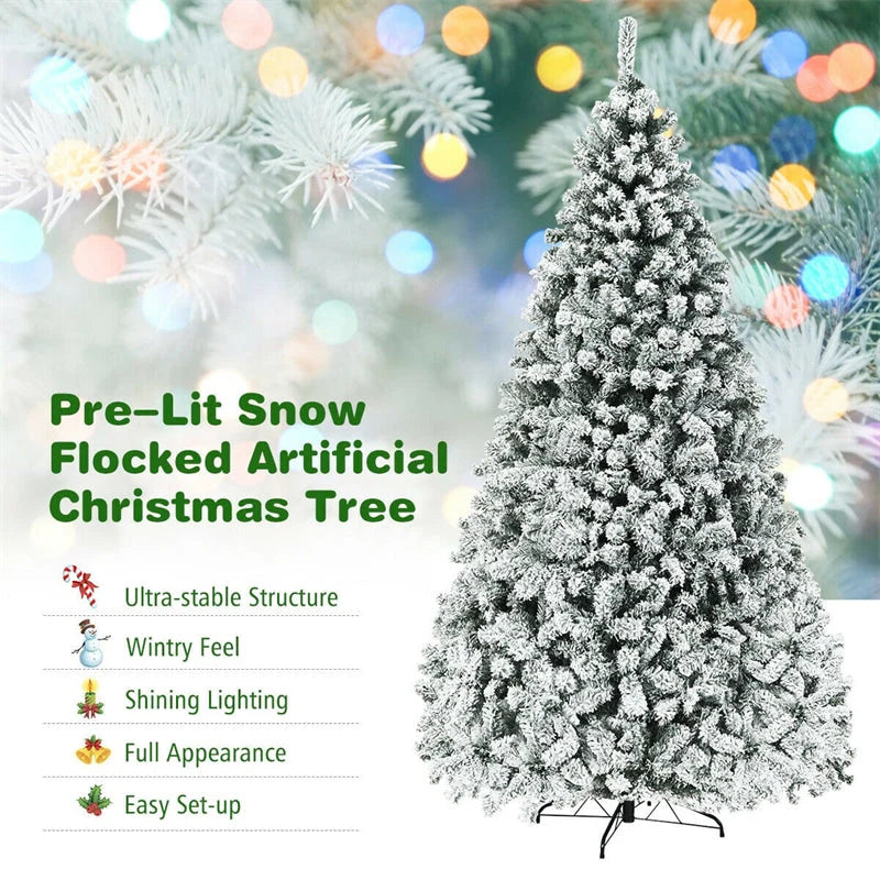 Premium Pre-Lit Snow Flocked Artificial Christmas Tree with Hinged Branch Tips & LED Lights
