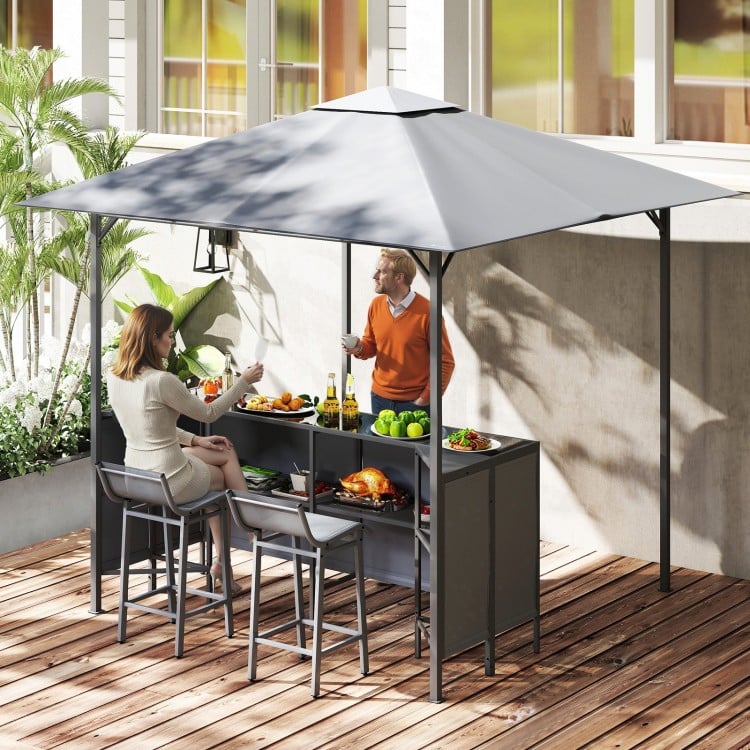 3-Piece Patio Bar Set 8 x 8 FT Double-Tier Grill Gazebo with 2 Bar Stools