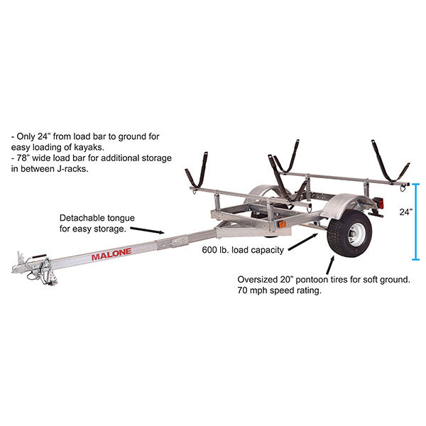 Malone LowMax 2 Kayak Trailer Package, 600 lb Capacity, Galvanized Steel, LED Lights, 70 MPH Rated Tires