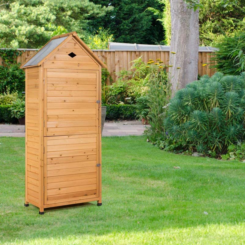 63" Wood Outdoor Storage Shed Lockable Garden Tools Storage Cabinet with 5 Shelves, Galvanized Sheet Roof