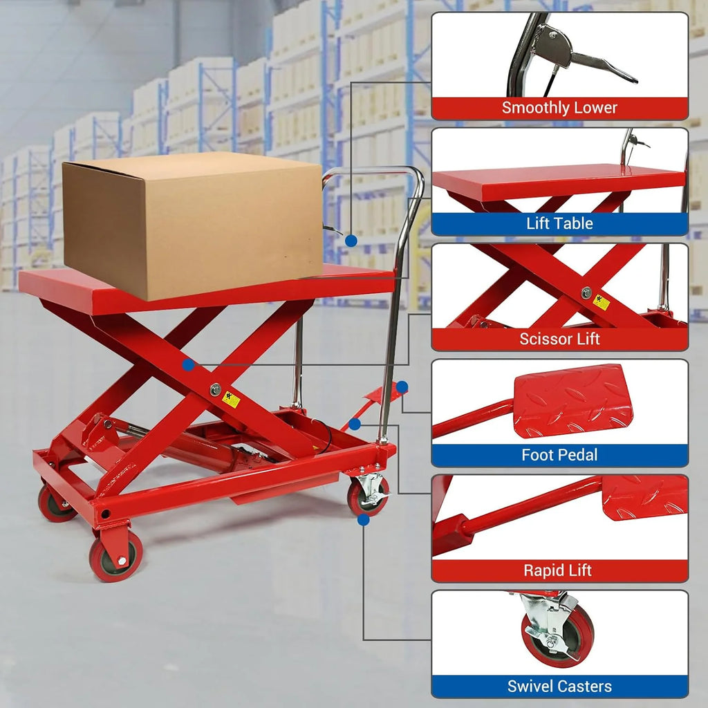 660LBS Hydraulic Lift Table Cart �C 31" Lift Height, Double Scissor Design with 4 Wheels & Non-Slip Pad for Material Handling
