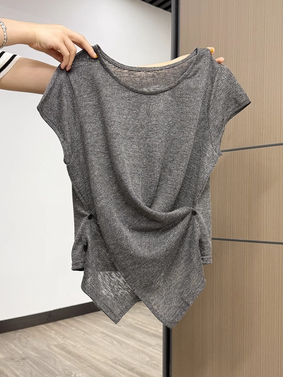 Korean-style Buttoned Crossover Hem Short-sleeve T-shirt