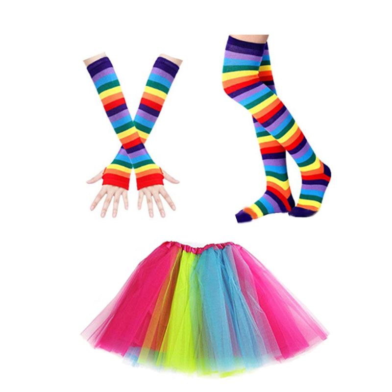 Neon Ball Party Rainbow Striped Gloves Bow Tie Suspenders Stockings Skirt Suit