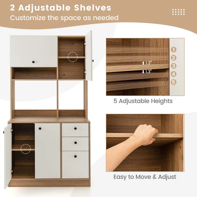 71" Kitchen Buffet Hutch Storage Cabinet Microwave Cupboard, Freestanding Pantry with 3 Cabinets & Drawers, Adjustable Shelves