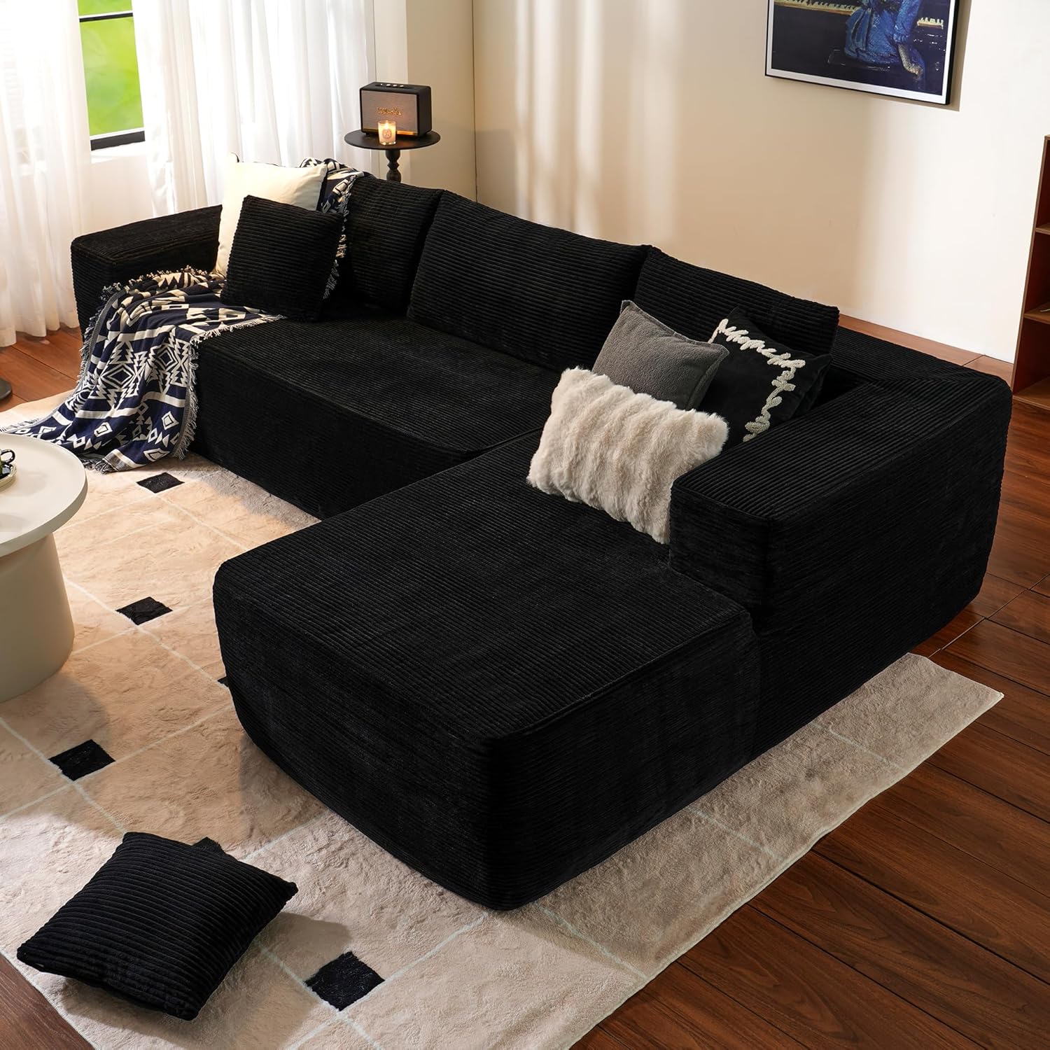ovios 104" Cloud Sectional Couch with L-Shape Chaise,Modern Modular Sofa with Deep Seat, Upholstered Couches for Living Room Bedroom,No Assembly Required, Black (Corduroy Fabric)