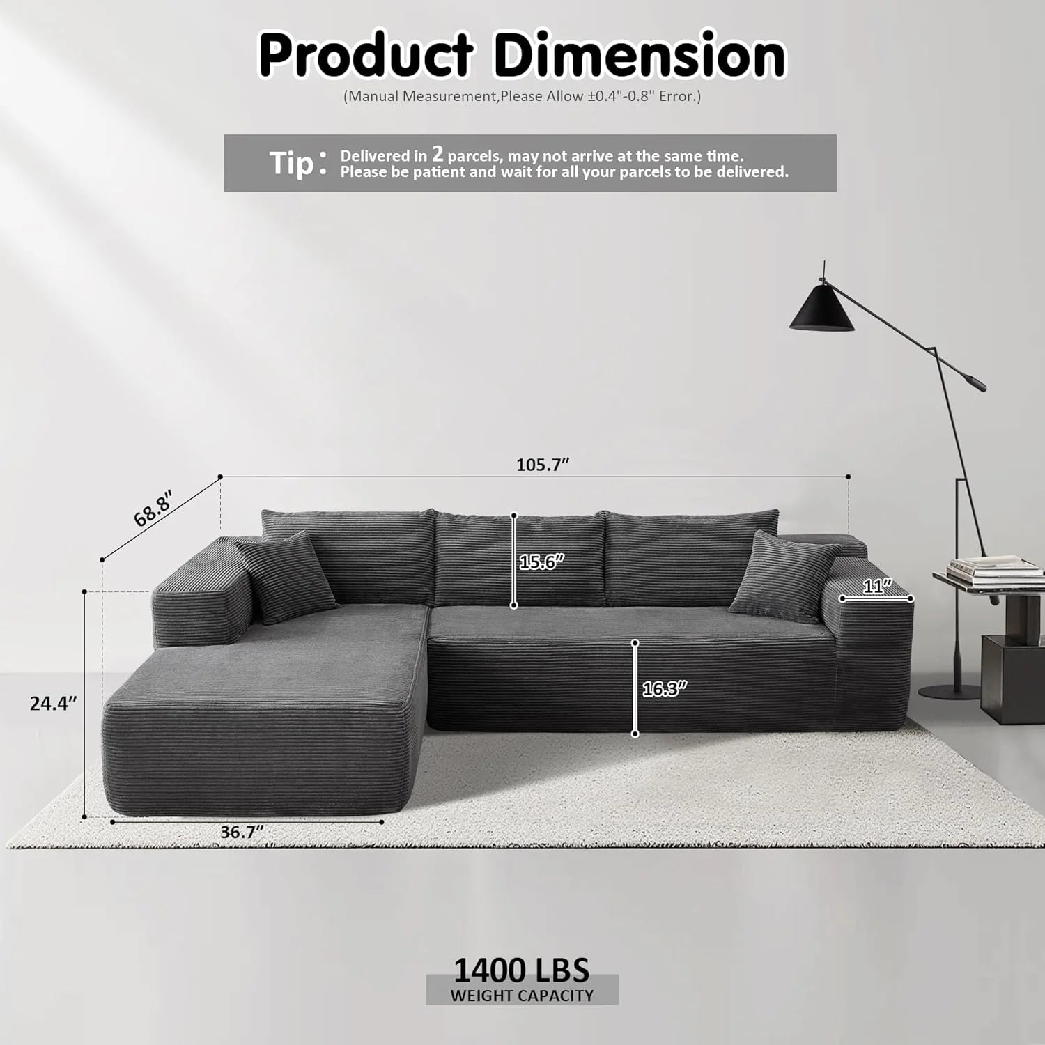 ovios 104" Cloud Sectional Couch with L-Shape Chaise,Modern Modular Sofa with Deep Seat, Upholstered Couches for Living Room Bedroom,No Assembly Required, Black (Corduroy Fabric)