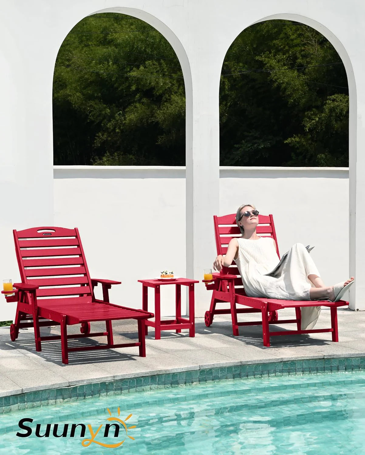 Lounge Chair Outdoor, Chaise Lounge, HDPE 6-Position Outdoor Chaise Lounge, Patio Lounge Chair with Wheels & Cup Holder for Pool Poolside Deck Backyard, Teak