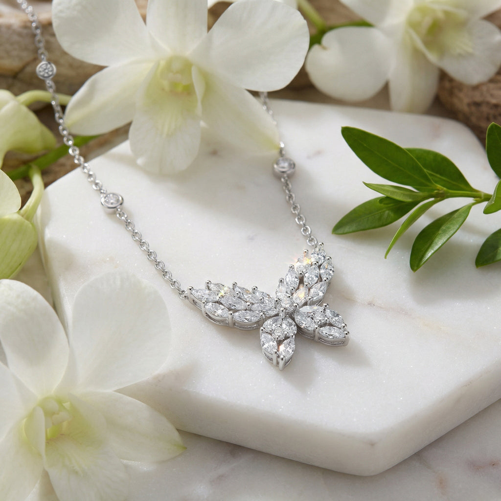 925 Sterling Silver Elegant Marquise CZ Butterfly Necklace with Bezel-Set Station Accents