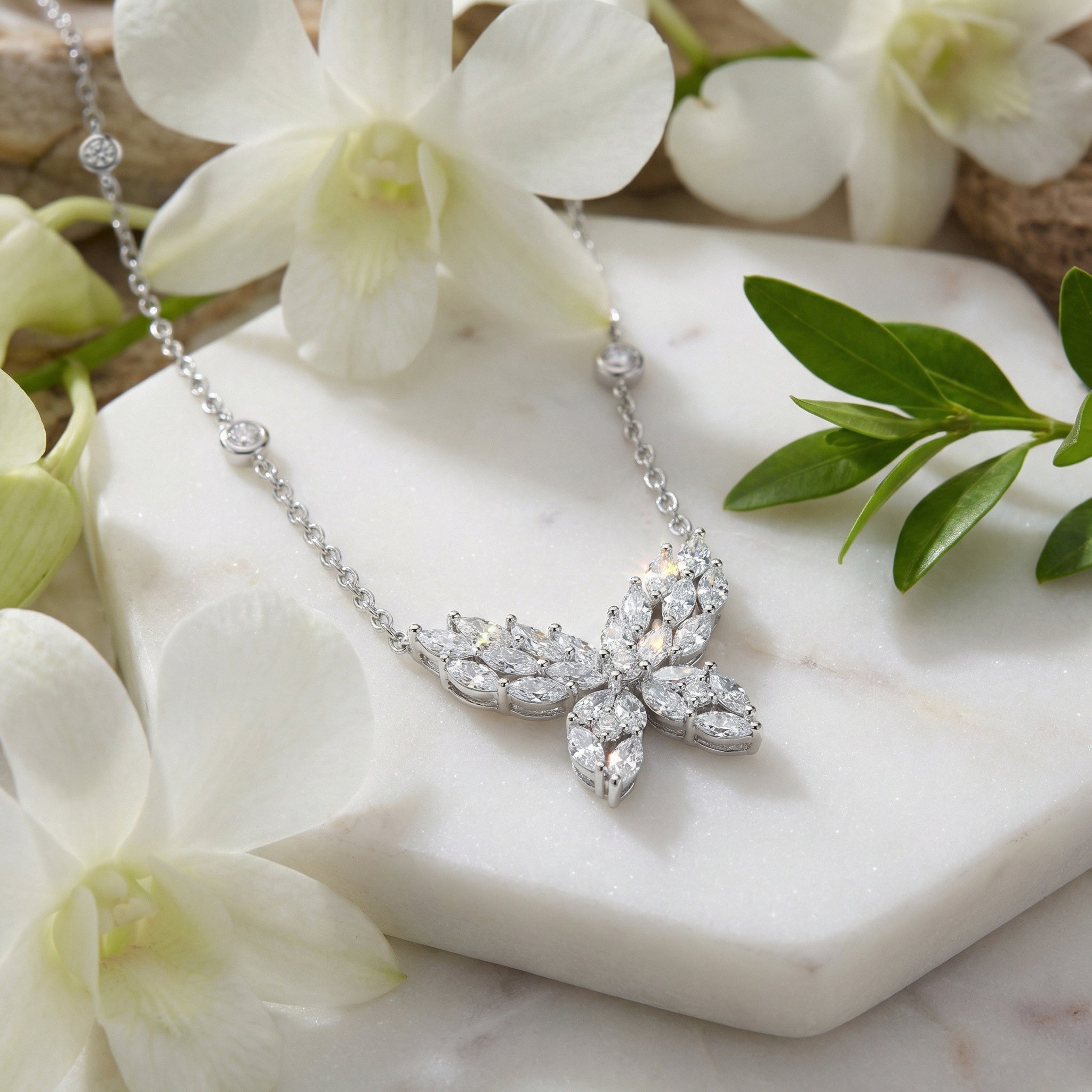 925 Sterling Silver Elegant Marquise CZ Butterfly Necklace with Bezel-Set Station Accents