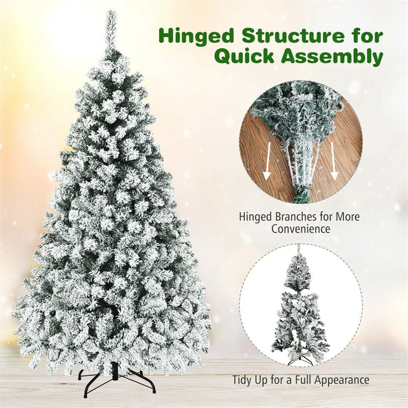 Premium Pre-Lit Snow Flocked Artificial Christmas Tree with Hinged Branch Tips & LED Lights