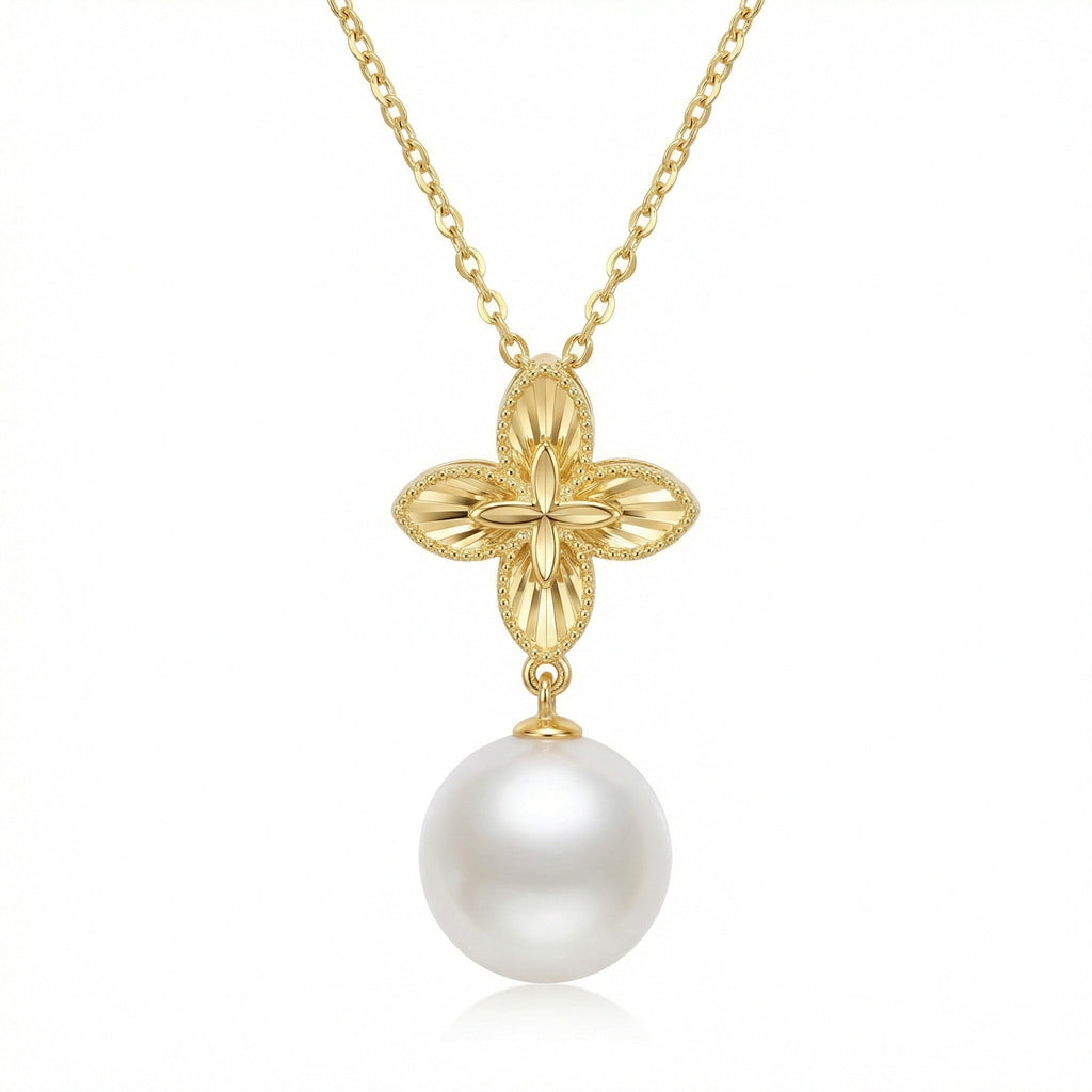925 Sterling Silver Radiant Floral Motif Pendant Necklace with Lustrous White Pearl Drop