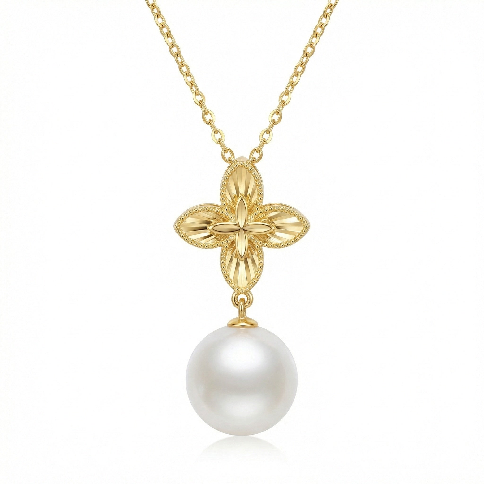 925 Sterling Silver Radiant Floral Motif Pendant Necklace with Lustrous White Pearl Drop