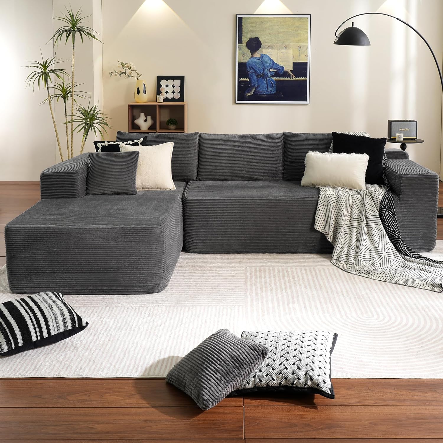 ovios 104" Cloud Sectional Couch with L-Shape Chaise,Modern Modular Sofa with Deep Seat, Upholstered Couches for Living Room Bedroom,No Assembly Required, Black (Corduroy Fabric)