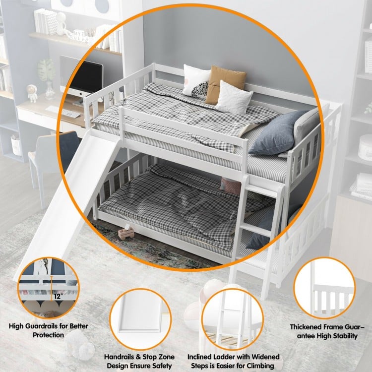 Twin Over Twin Bunk Wooden Low Bed with Slide Ladder for Kids