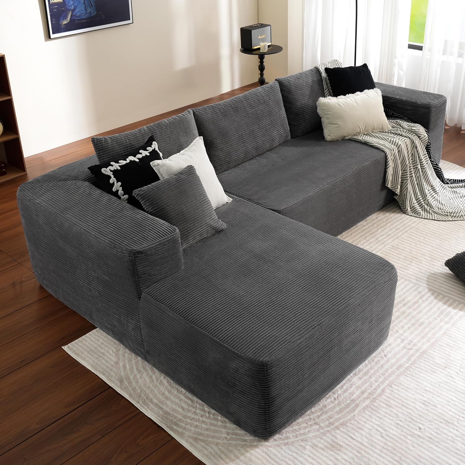 ovios 104" Cloud Sectional Couch with L-Shape Chaise,Modern Modular Sofa with Deep Seat, Upholstered Couches for Living Room Bedroom,No Assembly Required, Black (Corduroy Fabric)