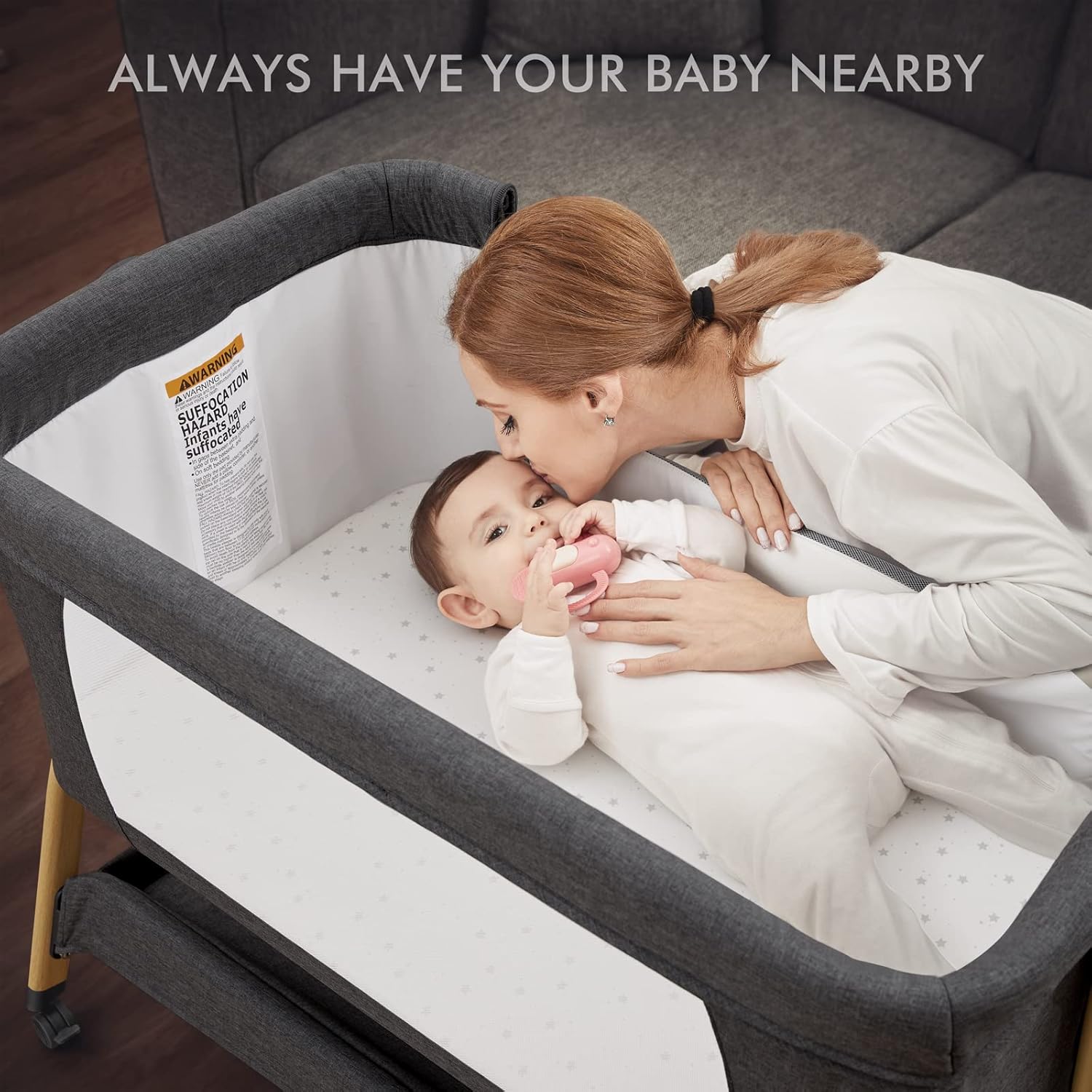 Baby Bassinet, Rocking Bassinets Bedside Sleeper with Comfy Mattress and Wheels, 6 Height Adjustable Easy Folding Portable Bedside Crib for Newborn Infant