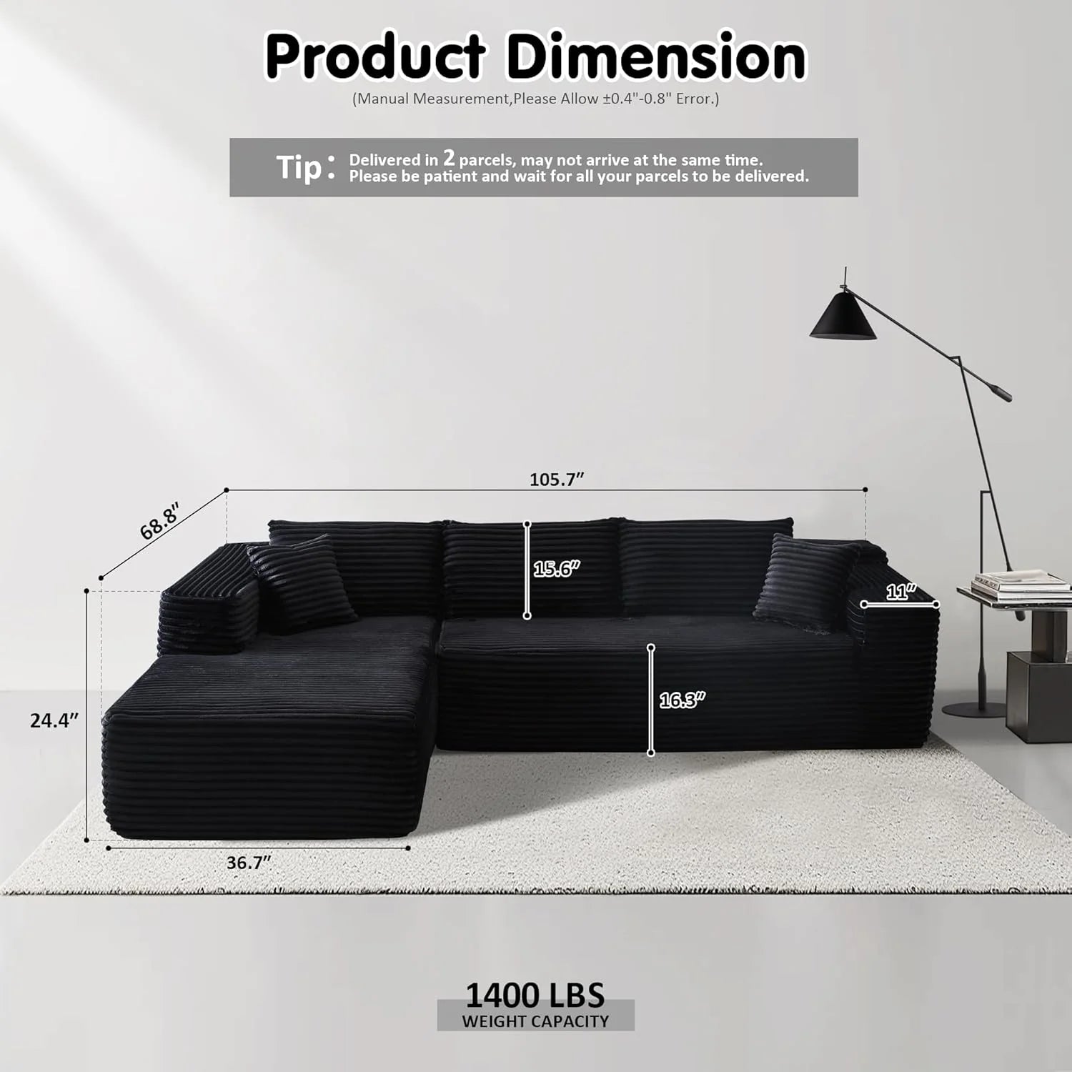 ovios 104" Cloud Sectional Couch with L-Shape Chaise,Modern Modular Sofa with Deep Seat, Upholstered Couches for Living Room Bedroom,No Assembly Required, Black (Corduroy Fabric)
