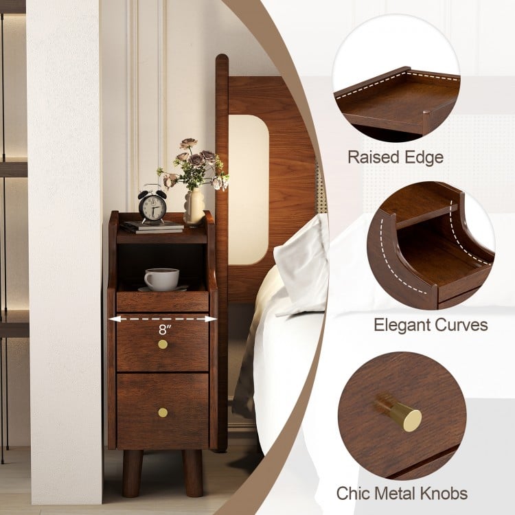 Solid Wood End Table Narrow Bedside Table with Pull-out Tray and 2 Storage Drawers