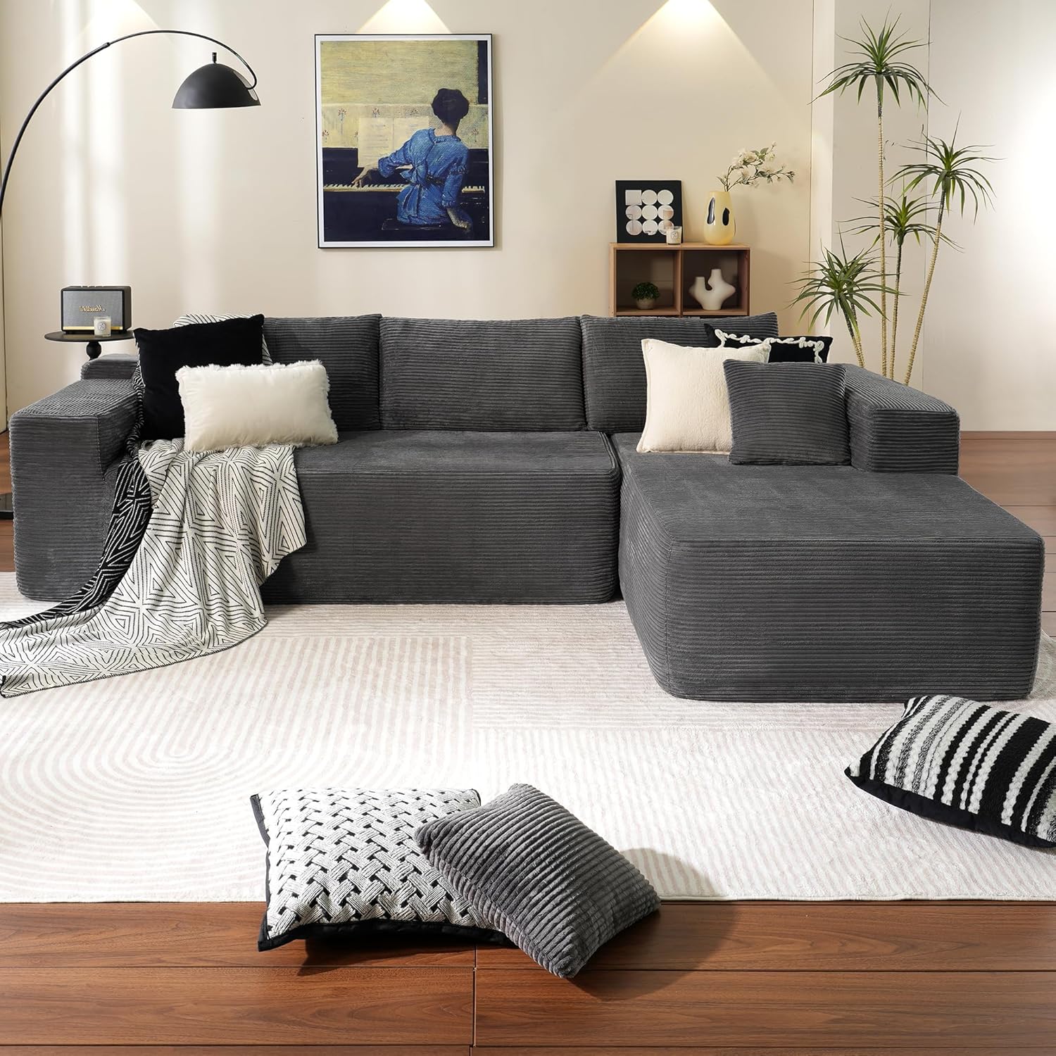 ovios 104" Cloud Sectional Couch with L-Shape Chaise,Modern Modular Sofa with Deep Seat, Upholstered Couches for Living Room Bedroom,No Assembly Required, Black (Corduroy Fabric)