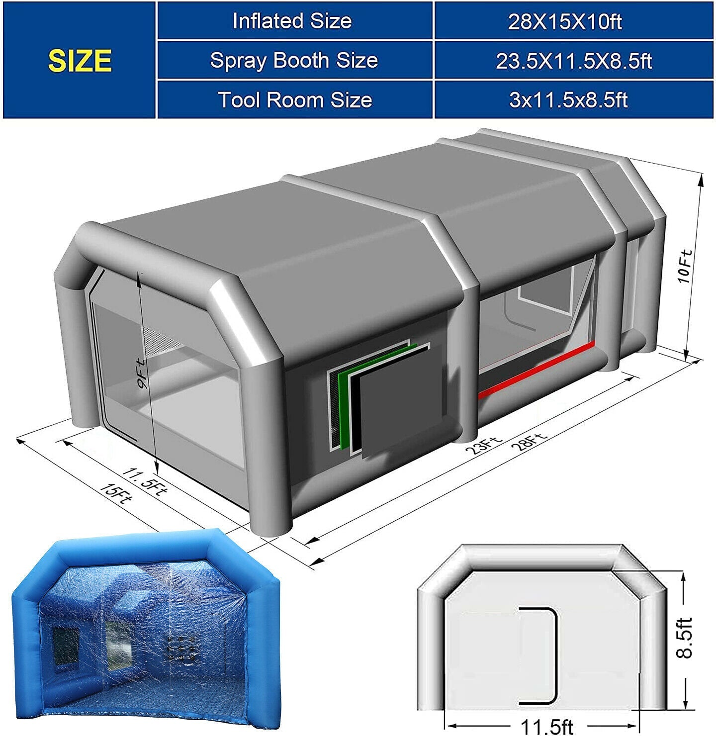 Portable Painting Tent Workstation Inflatable Spray Paint Booth 28x15x11FT with 2 Blowers 950W and 350W, with Filter System Tool Room for Garage Spraying Auto Parts Full-Size Car