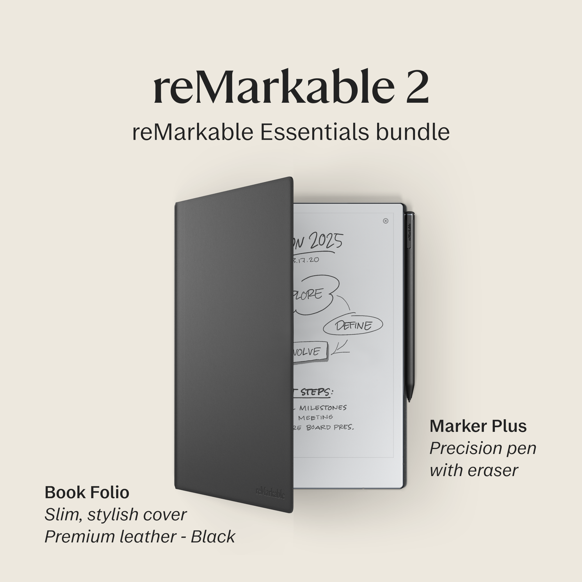 reMarkable 2 – 10.3” Paper Tablet with Marker Plus and Premium Leather Book Folio – Black