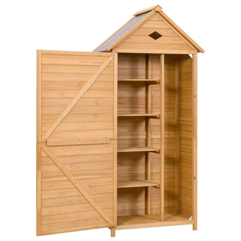 63" Wood Outdoor Storage Shed Lockable Garden Tools Storage Cabinet with 5 Shelves, Galvanized Sheet Roof