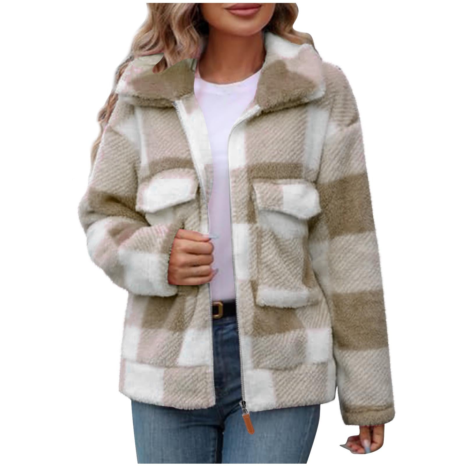 Double-Sided Polar Fleece Plaid Zip-Up Fluffy Coat