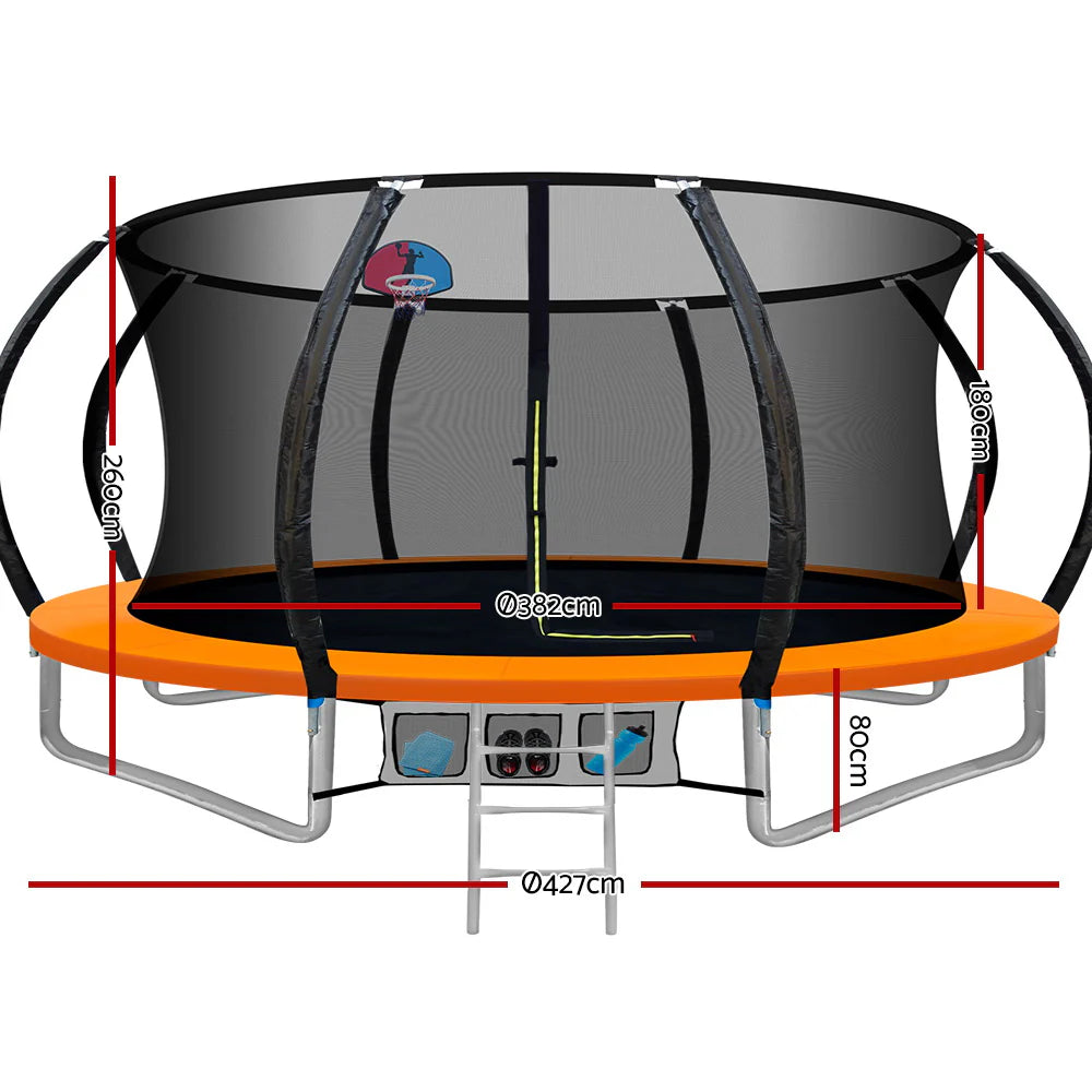 14ft Trampoline  Kids Trampoline Rebounder w/ Ladder Basketball Hoop Orange