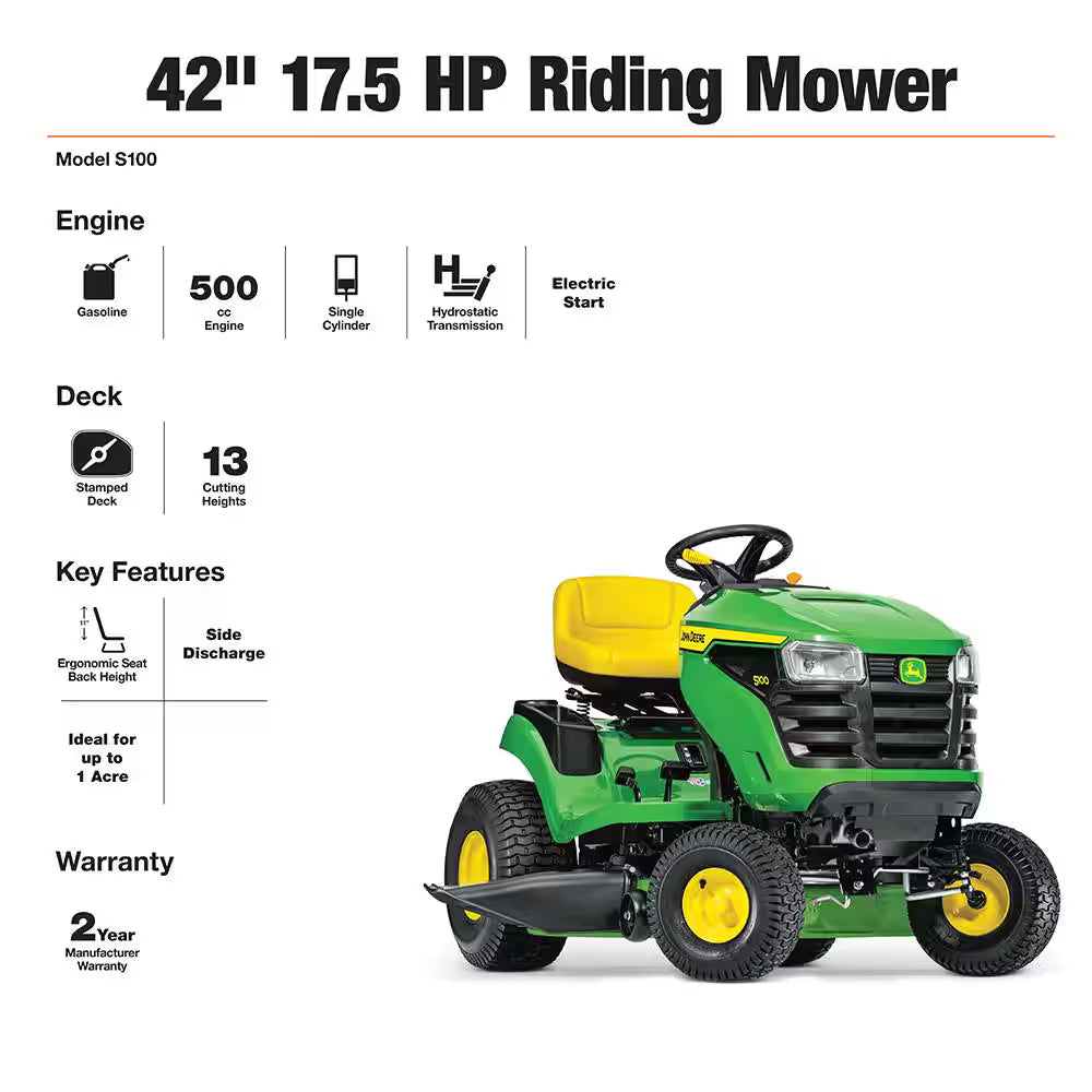 John Deere S100 42-in Riding Lawn Mower – 17.5-HP Gas Hydrostatic Drive