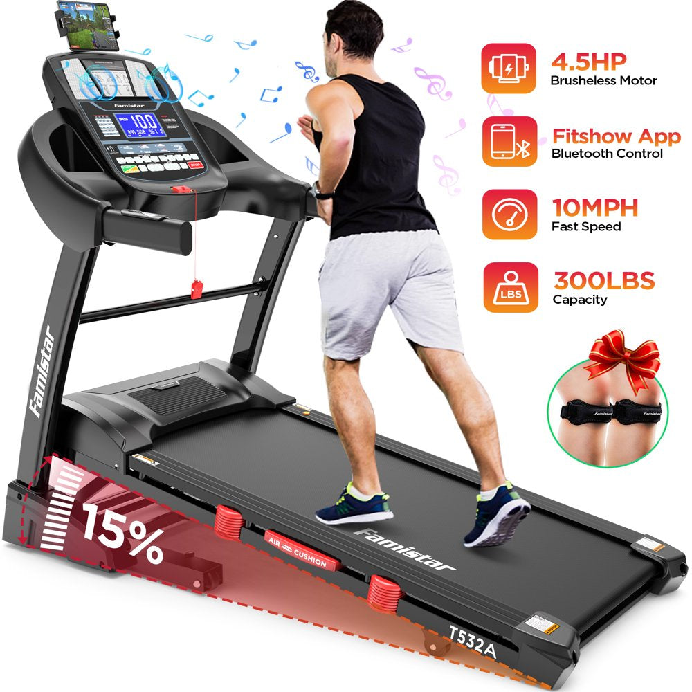 Famistar Folding Treadmill for Home with 15 Levels Auto Incline, 300LB Capcity, 10MPH Fast Speed Controls