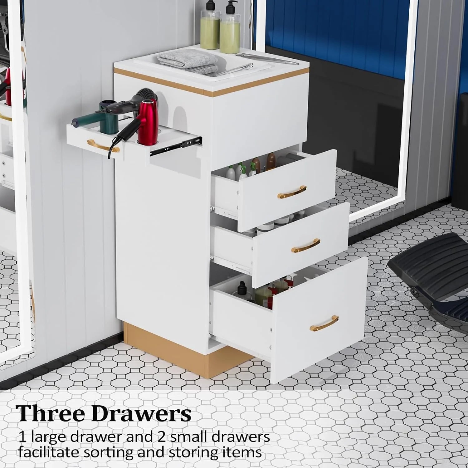 OmySalon Salon Storage Station, Barber Stations Beauty Salon Spa Equipment with 3 Drawers, a Storage Basin, 3 Hair Dryer Holders for Hair Styling, White Gold