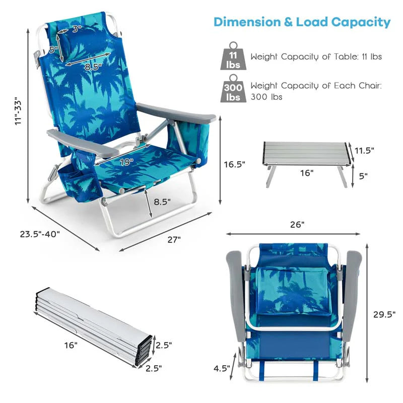 2 Pack 5-Position Outdoor Folding Backpack Beach Chair & Table Set, Patio Lawn Camping Chair Beach Sling Chair