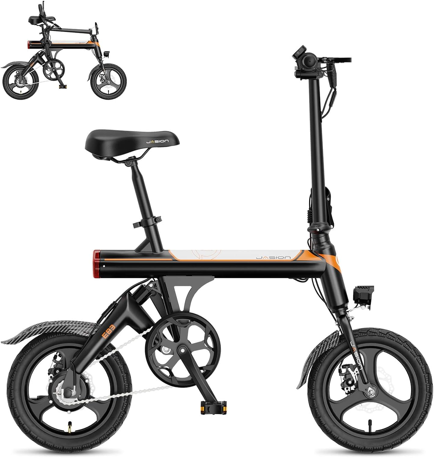 Jasion EB3 Electric Bike Adults 21mph, 500W Peak Motor, 270Wh Battery, Rear Suspension, 3 Levels Assist, 14" Folding Ebike for Adults and Teens, Complies to UL2849
