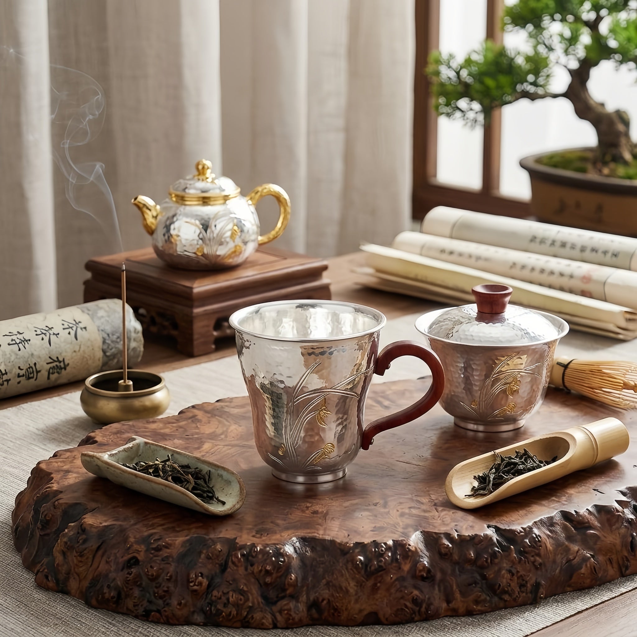 925 Sterling Silver Handcrafted Silver Mug with Orchid Motif and Wooden Handle - Handicraft