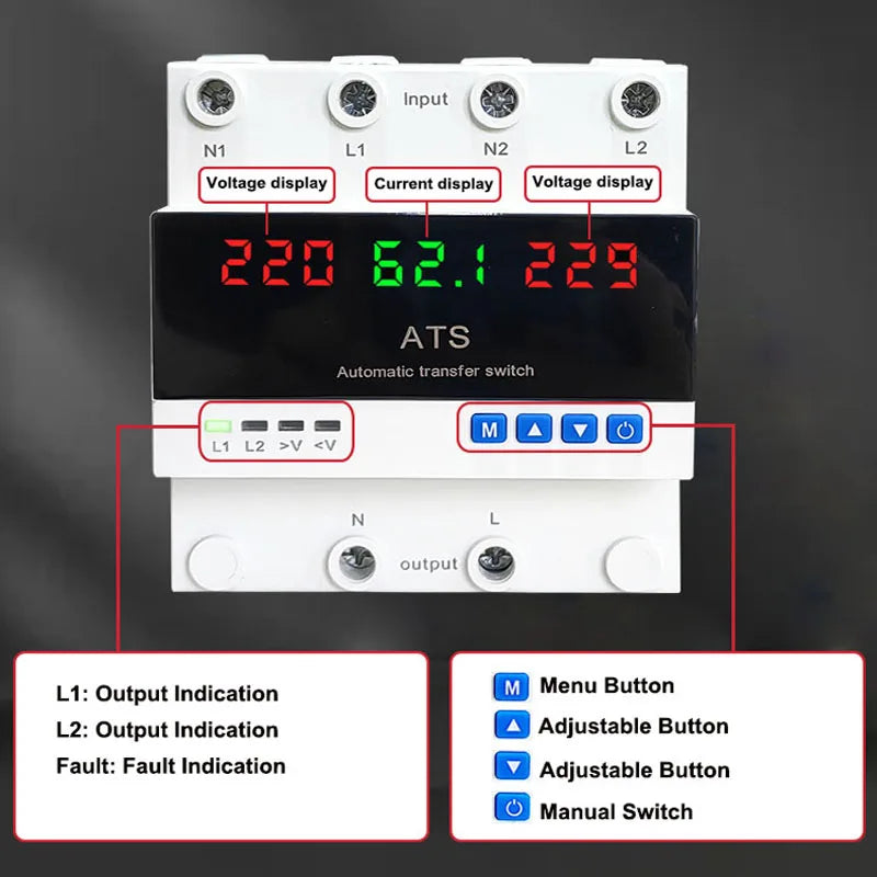Iraq Market New Design Double Power Ats 30a 63a Adjustable Automatic Change Over Switch 110 220v