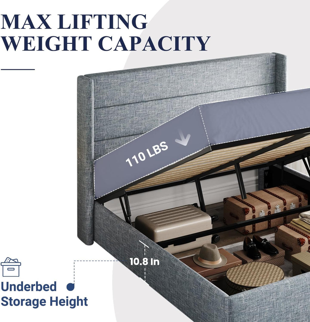 Allewie Queen Size Lift Up Storage Bed, Modern Wingback Headboard, Hydraulic Support, No Box Spring Needed, Light Beige