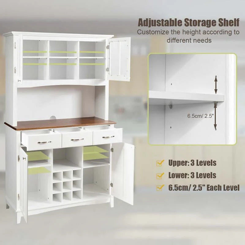 Wood Buffet Hutch Cabinet Kitchen Hutch Sideboard Kitchenware Server with 3 Large Drawers & 9 Wine Grids