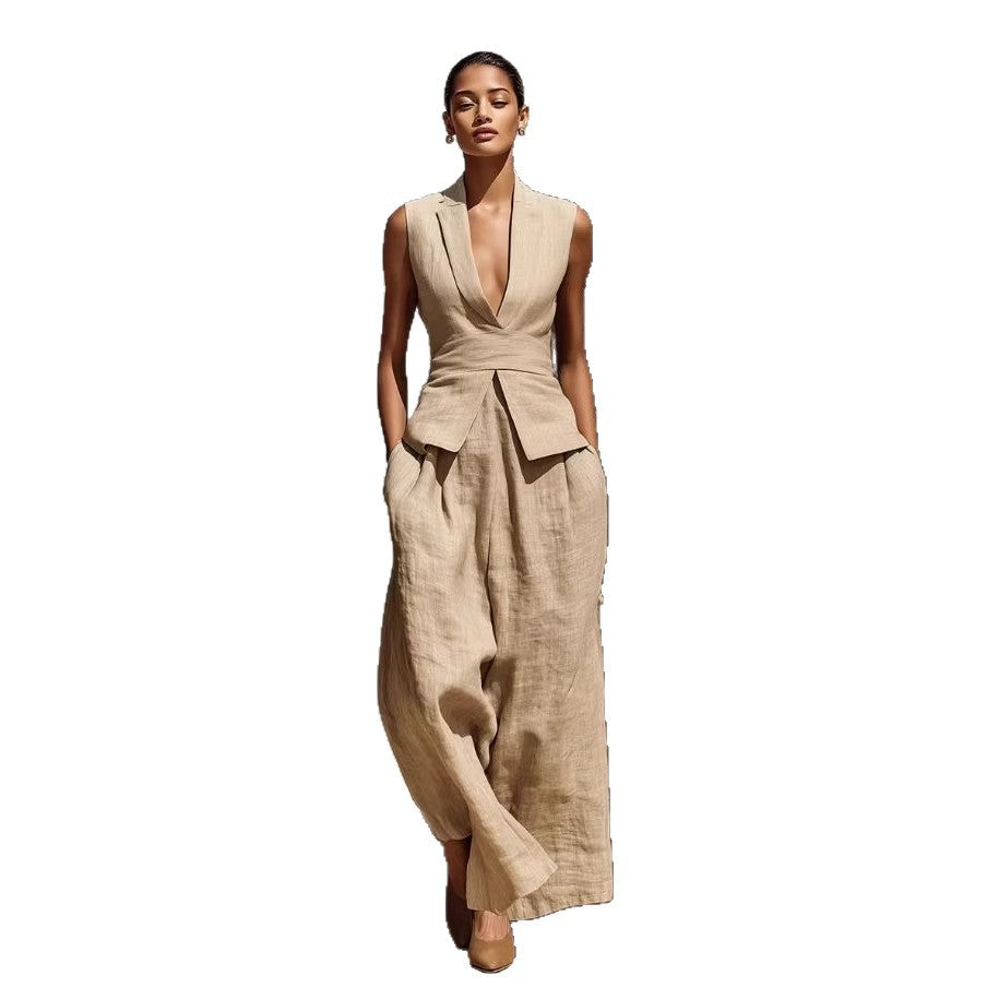 V-neck Sleeveless Tank Top And Casual Long Pants Set For Women
