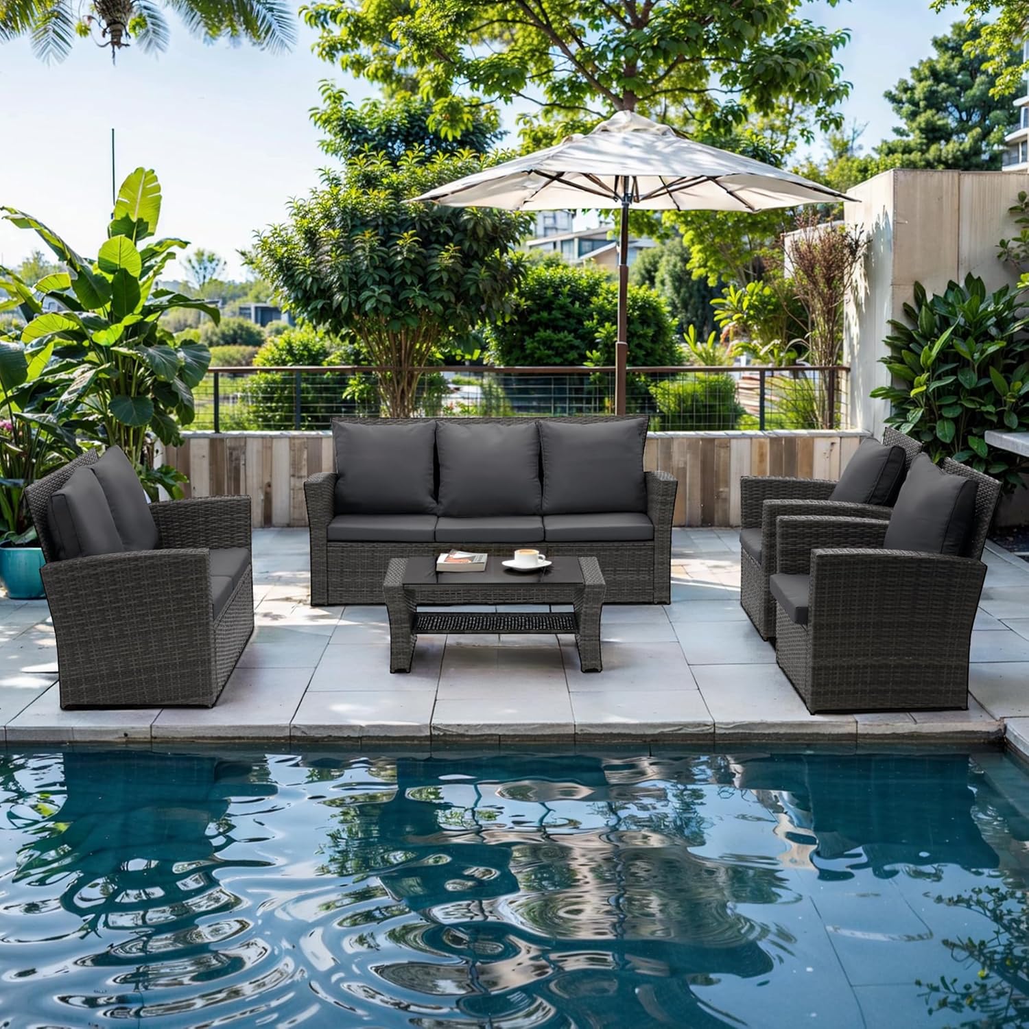 Wisteria Lane 4 Piece Outdoor Patio Furniture Sets, Wicker Conversation Set for Porch Deck, Grey Rattan Sofa Chair with Cushion ��Blue