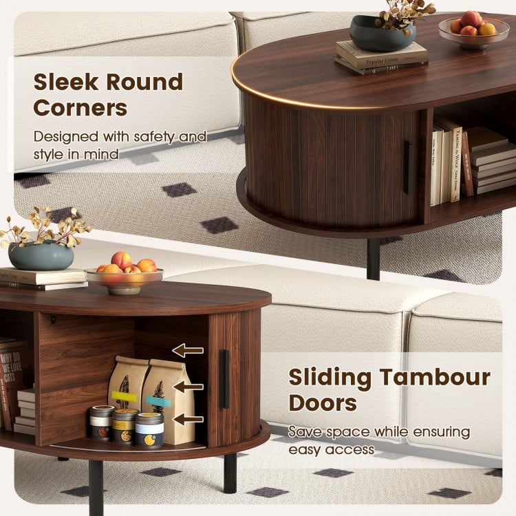 Oval Coffee Table with Open Compartment and Sector Shelves
