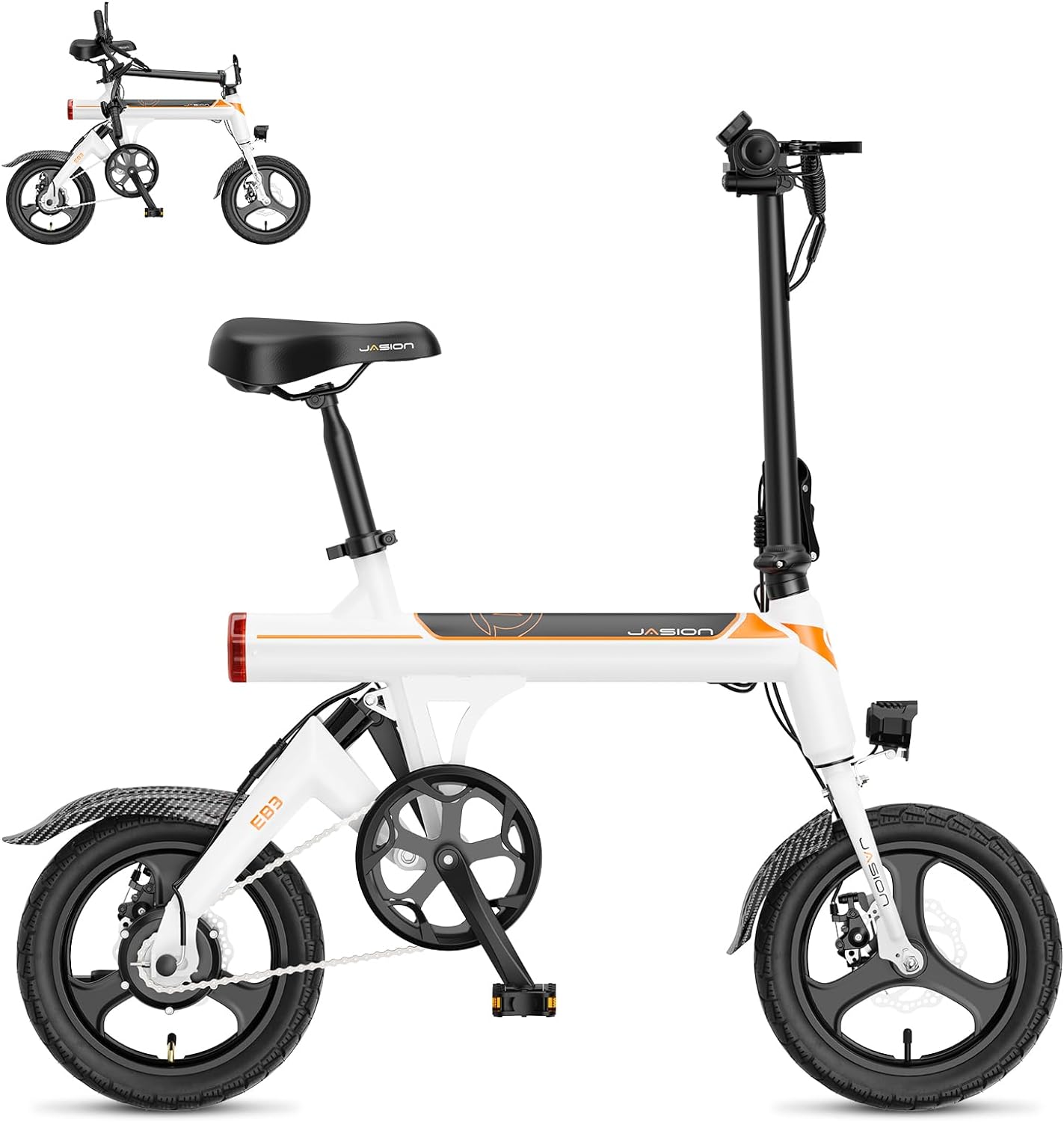 Jasion EB3 Electric Bike Adults 21mph, 500W Peak Motor, 270Wh Battery, Rear Suspension, 3 Levels Assist, 14" Folding Ebike for Adults and Teens, Complies to UL2849