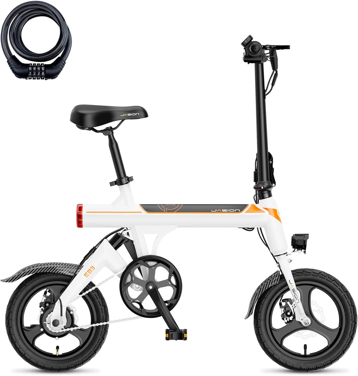 Jasion EB3 Electric Bike Adults 21mph, 500W Peak Motor, 270Wh Battery, Rear Suspension, 3 Levels Assist, 14" Folding Ebike for Adults and Teens, Complies to UL2849